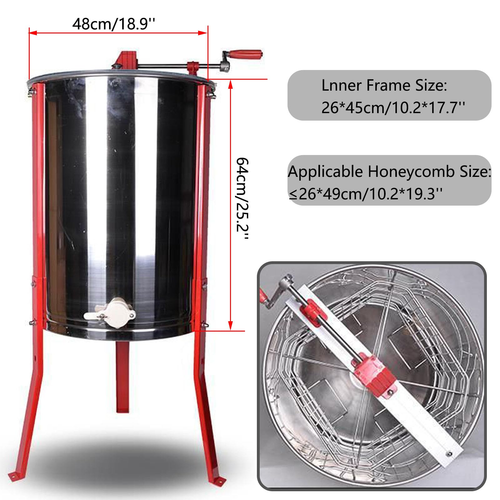 Estrattore di Miele Manuale, Acciaio Inox 2 Favi 48X64cm Estrattore, Smielatore Centrifuga di Miele con Coperchio, Altezza Regolabile Separatore