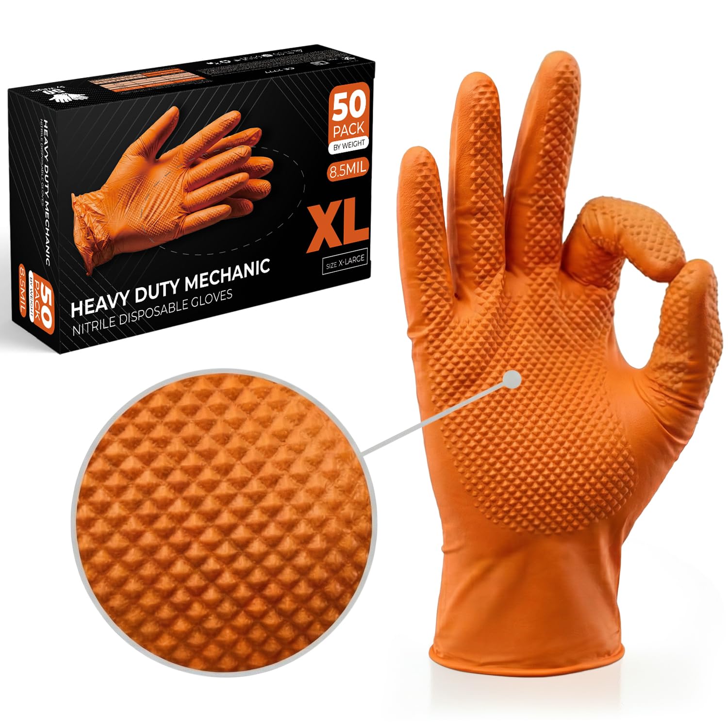 Nitrile Gloves, 50 Count, Heavy-Duty Disposable Mechanic Gloves, Diamond Textured, Latex & Powder-Free, Non-Slip, Extra Thick, Ideal for Automotive, Industrial Tasks (Orange - 50, XL) Orange - 50 XL