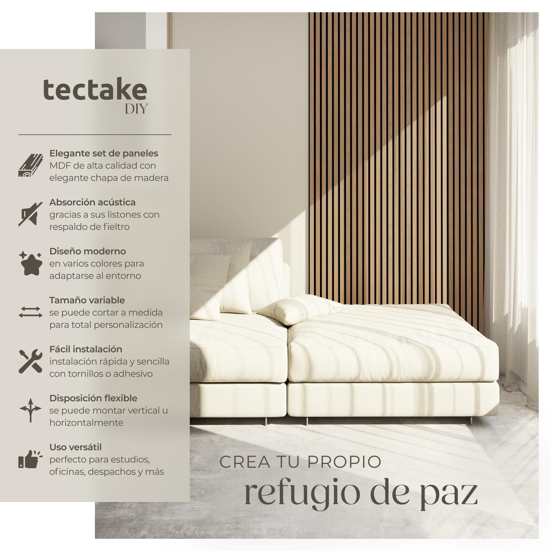 tectake® Paneles de Pared Decorativos MDF, 50 x 110 x 1,8 cm, Chapa de Madera Real, Excelente Acústica, Tejido de Fieltro y Madera, Insonorización Acústica Pared - 4 Paneles Roble