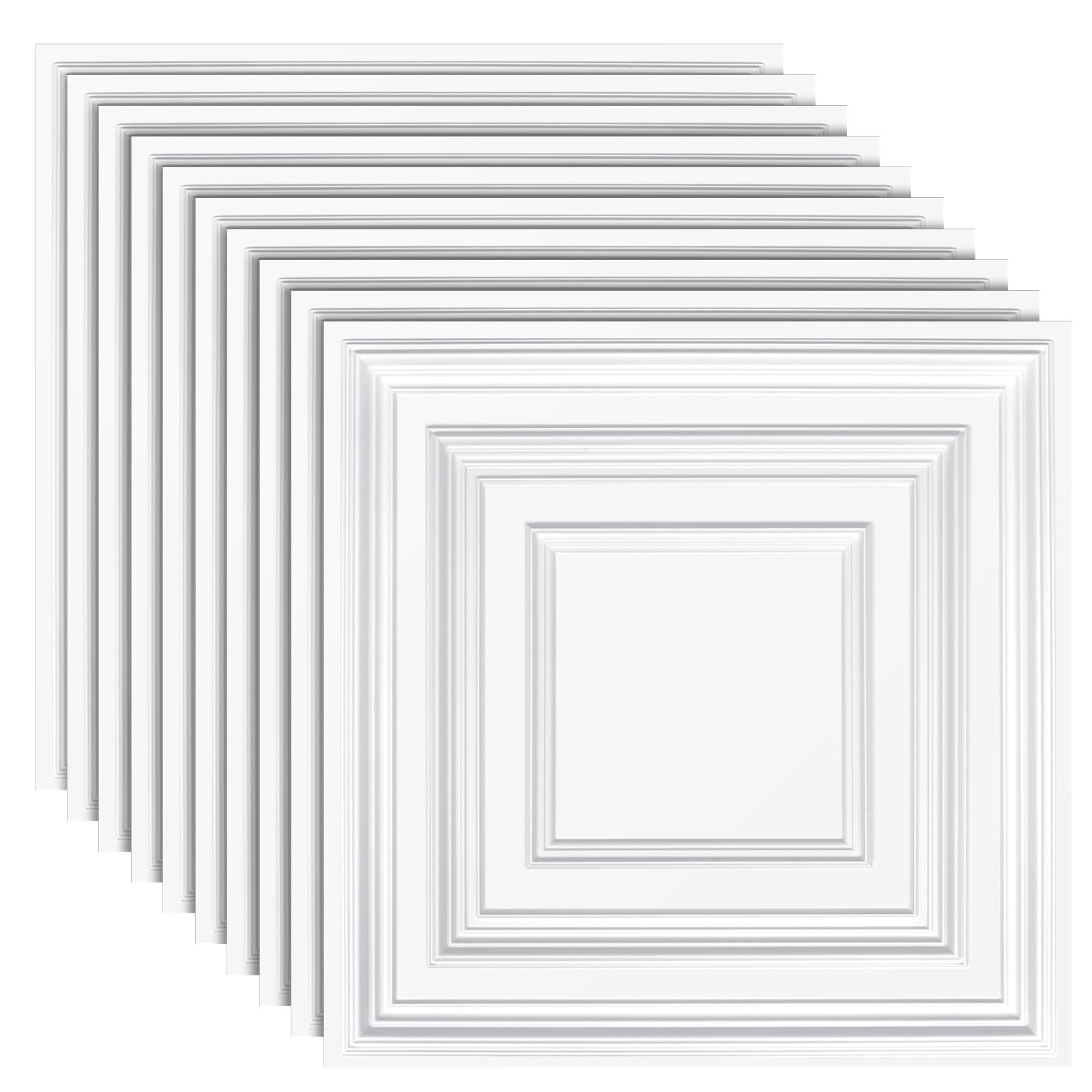 Landical 10 Pcs 2 x 2 ft PVC Plastic Drop Ceiling Tiles 24 x 24 x 0.8 Inch Decorative Ceiling Covering for Office Bathroom Living Room Bedroom (White)