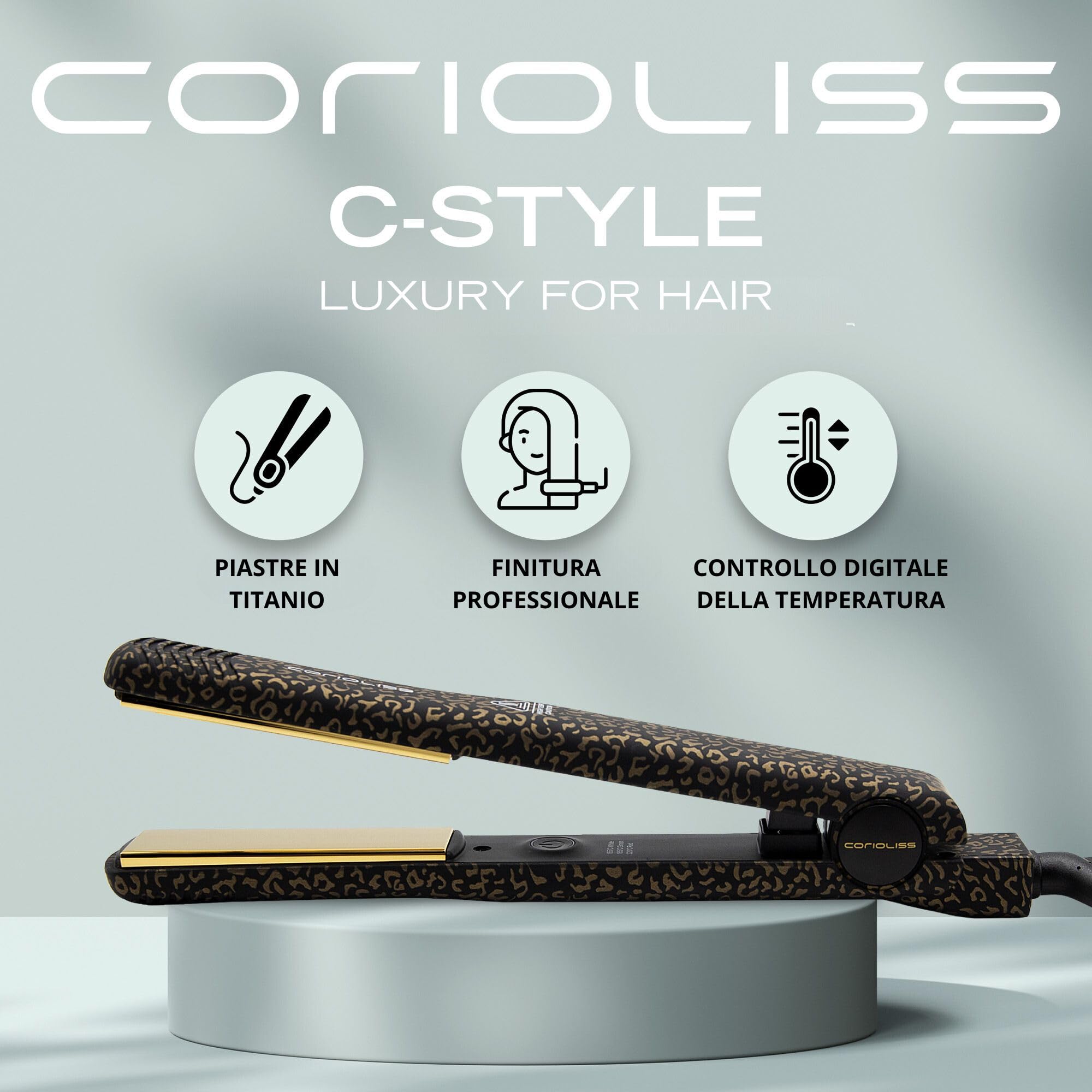 Corioliss C-Style | Piastra per Capelli | Piastre in Titanio | Controllo Temperatura 165º-220º | Ioni | Onde e Liscio | Con Spazzola Paddle | Riscaldamento Rapido | Cavo Girevole | Leopard Gold
