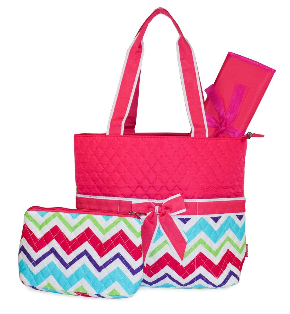 Pink Multicolor Chevron Quilted Diaper Bag with Changing Pad and