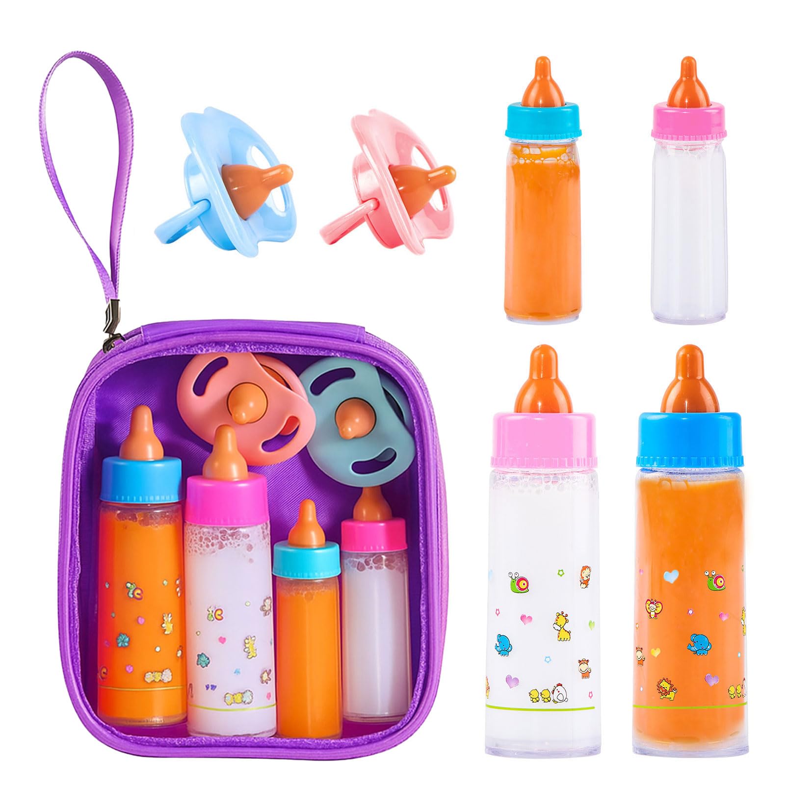 SCOM Baby Doll Bottle Accessories - 6 Pcs Feeding Bottle Toys, Magic Disappearing Milk & Juice, Pretend Play Set with Pacifiers Kids Gift Purple