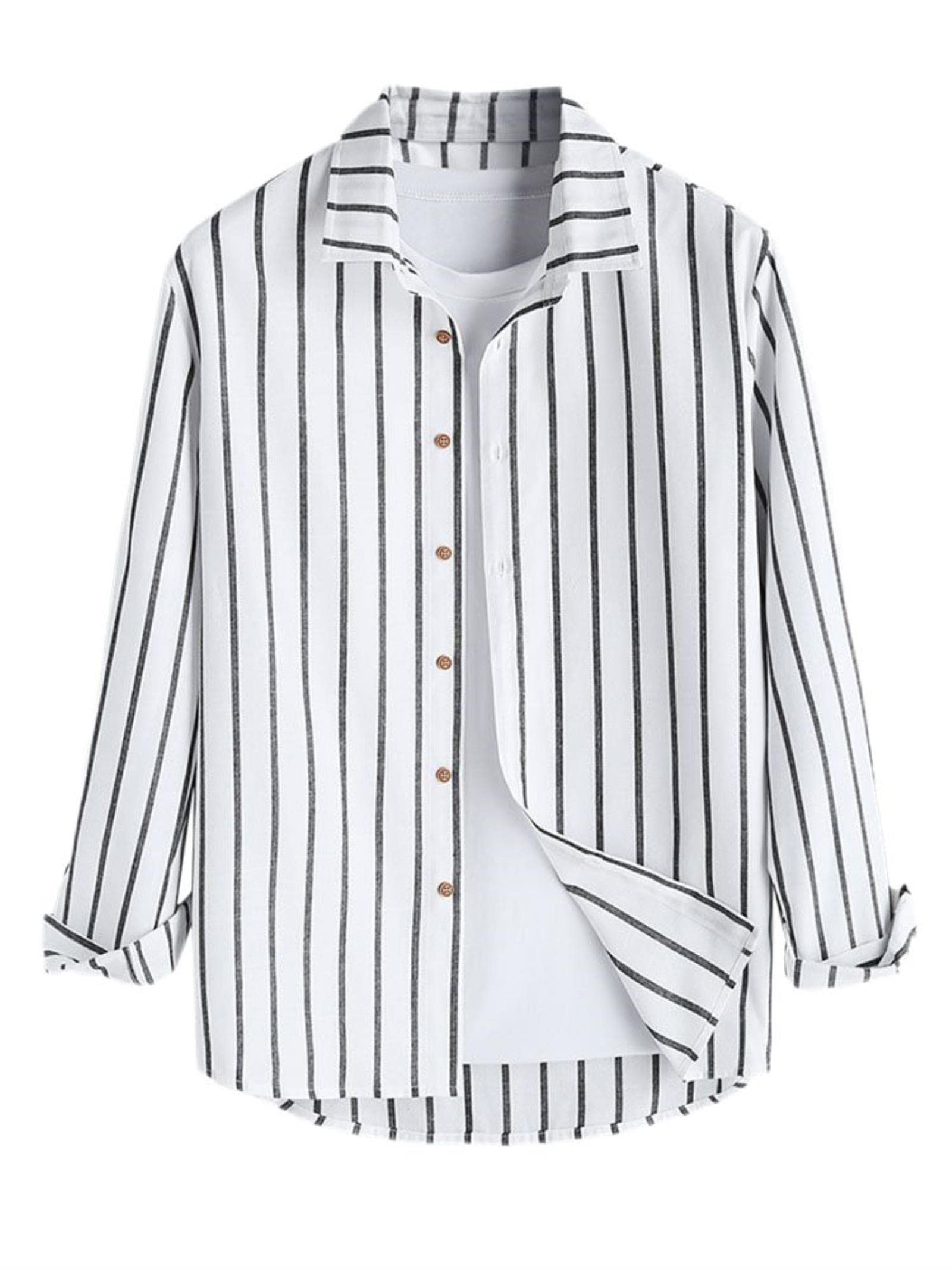 Chemise Hommes Rayures Blanche Noire Chemise Homme Boutons Manches Longues Et Col V Hauts Slim Fit Pour été Et Automne Men Shirt Lin Coton Rétro Décontractée Infroissable Sans Blanc Homme (White, S