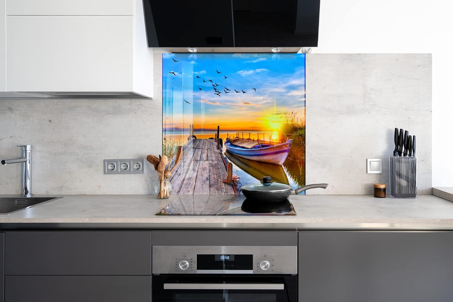 Myphotostation Nature Tempered Glass Backsplash 23.5Wx12H'' Sunset View Splashback for Kitchen Decor Bathroom Wall Protector Stove Backsplash Panel Tile Glass Splashback Sail Boat on Lake
