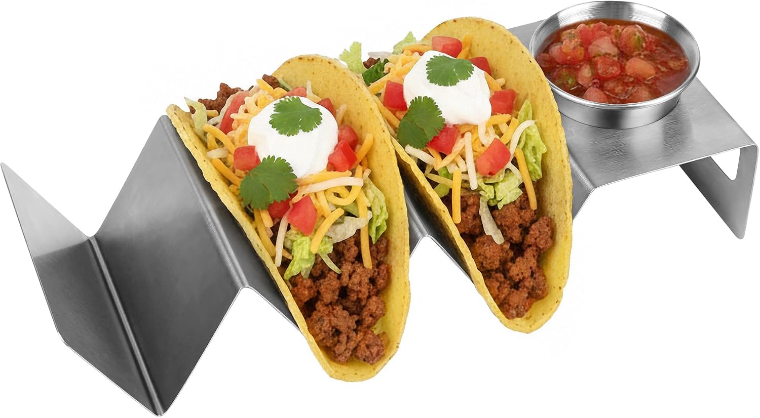 Stainless Steel Taco Holder Stand with Sauce Cup, Multifunctional Tortilla Rack for Tacos, Burritos, Hot Dogs, Dishwasher Safe, Includes Condiment Tray