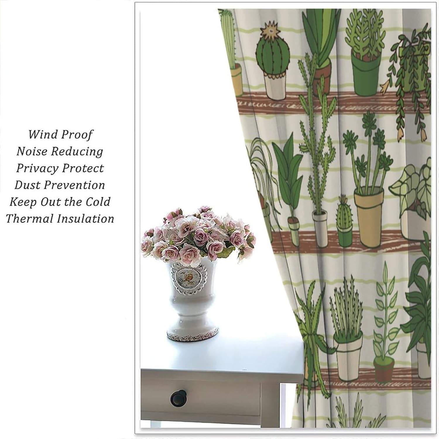 Potted Plant Curtains Green Leaves Potted Floral Cactus Flower Natural Art Print Window Drapes for Bedroom Living Room Kitchen Decor,2 Panel Set,42x54 Inch Blackout Style-1