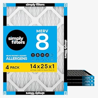 Simply 35.6x63.5x2.5cm(14x25x1인치) 에어 필터, Merv 8, 4팩, 가정용 AC 보일러 및 HVAC용 (실제 사이즈: 34.9cm x 62.9cm x 1.9cm) 먼지, 애완 동물 및 알레르기 제어