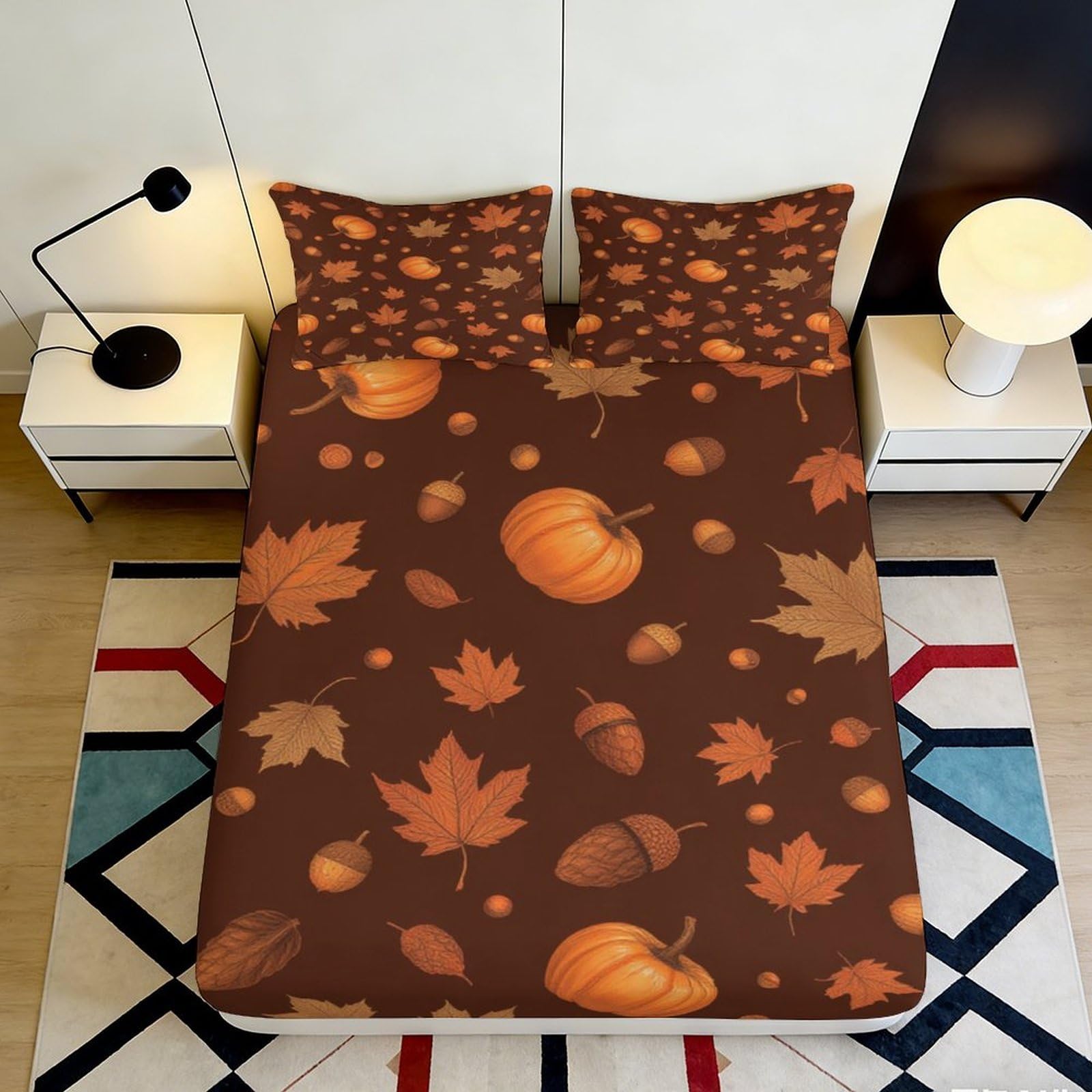 3D Printed Pumpkin Autumn Leaves Fitted Sheet Microfiber Soft Decorative Acorn Bed Cover for Bedroom Guest Room Dorm Mattress Protection 90x200x25cm
