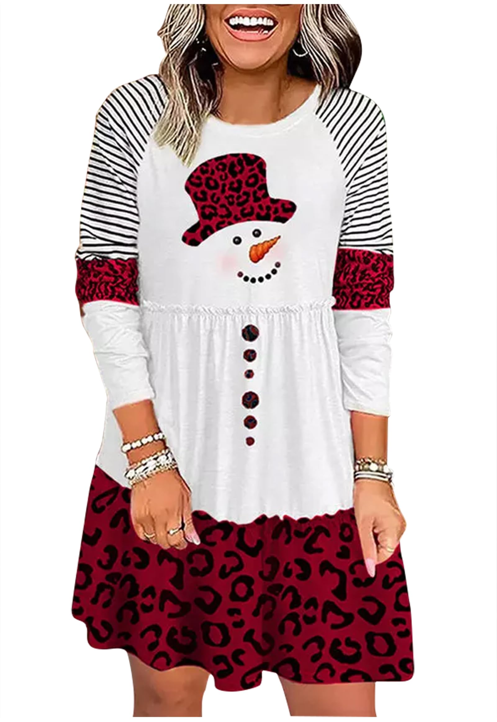 LANMERTREEThanksgiving Thankful Grateful and Blessed Leopard Plaid Pumpkin Ruffled Long Sleeve Mini Dress for Women