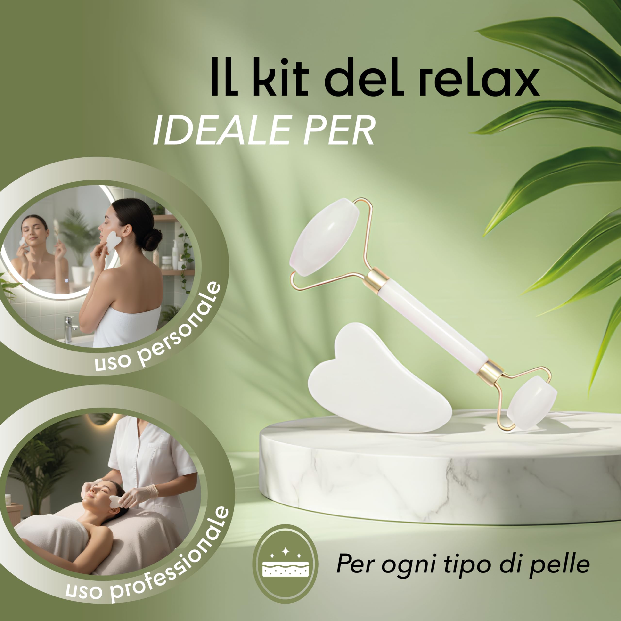 Gua Sha Viso e Rullo di Giada – Pietra Naturale per Massaggio Viso Lifting, Rullo Viso Quarzo Rosa Anti Gonfiore, Strumento Beauty Tool Relax