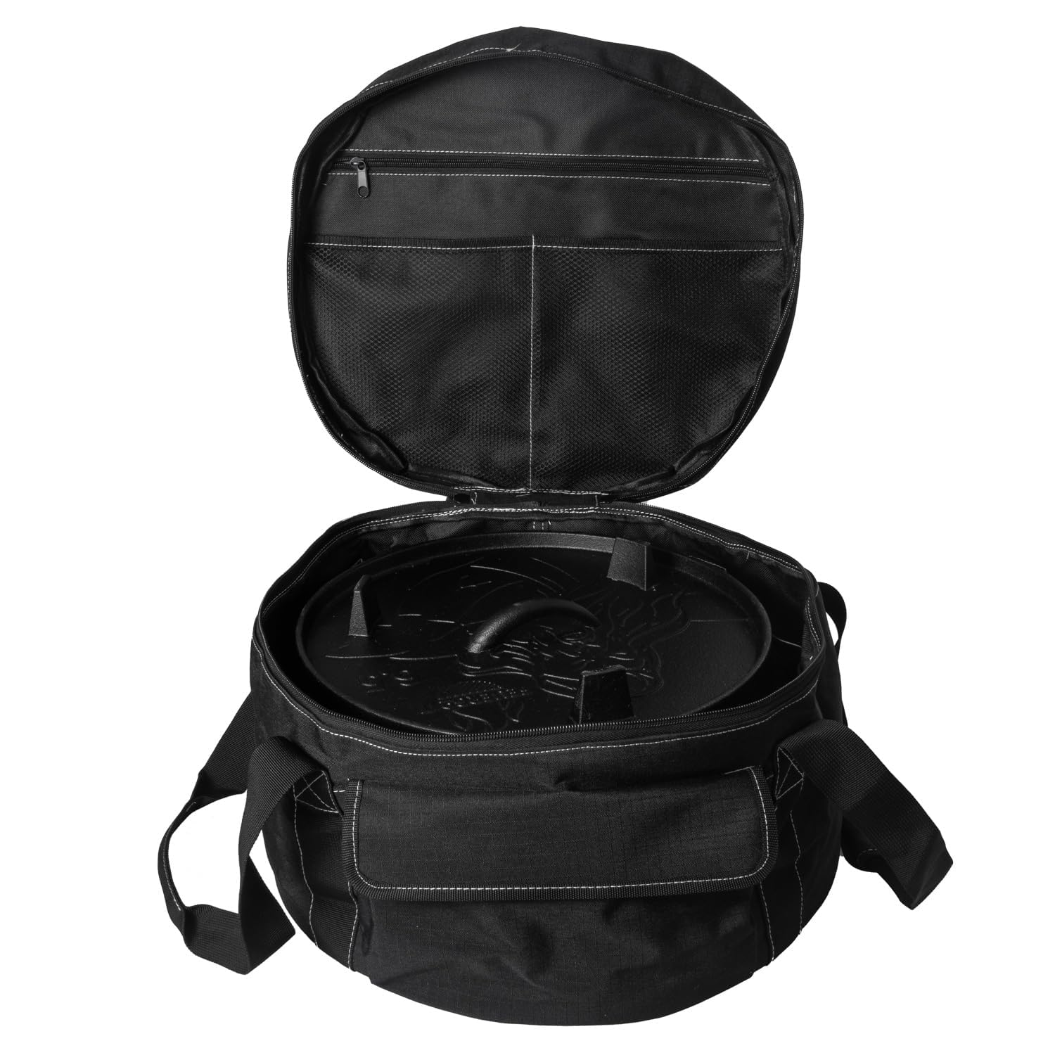 Transporttasche für Dutch Oven 4,5 l und 6,5 l Schwarz Polyester Tragetasche für Feuertopf Aufbewahrungstasche mit Netztaschen Reißverschlussfach Außentasche