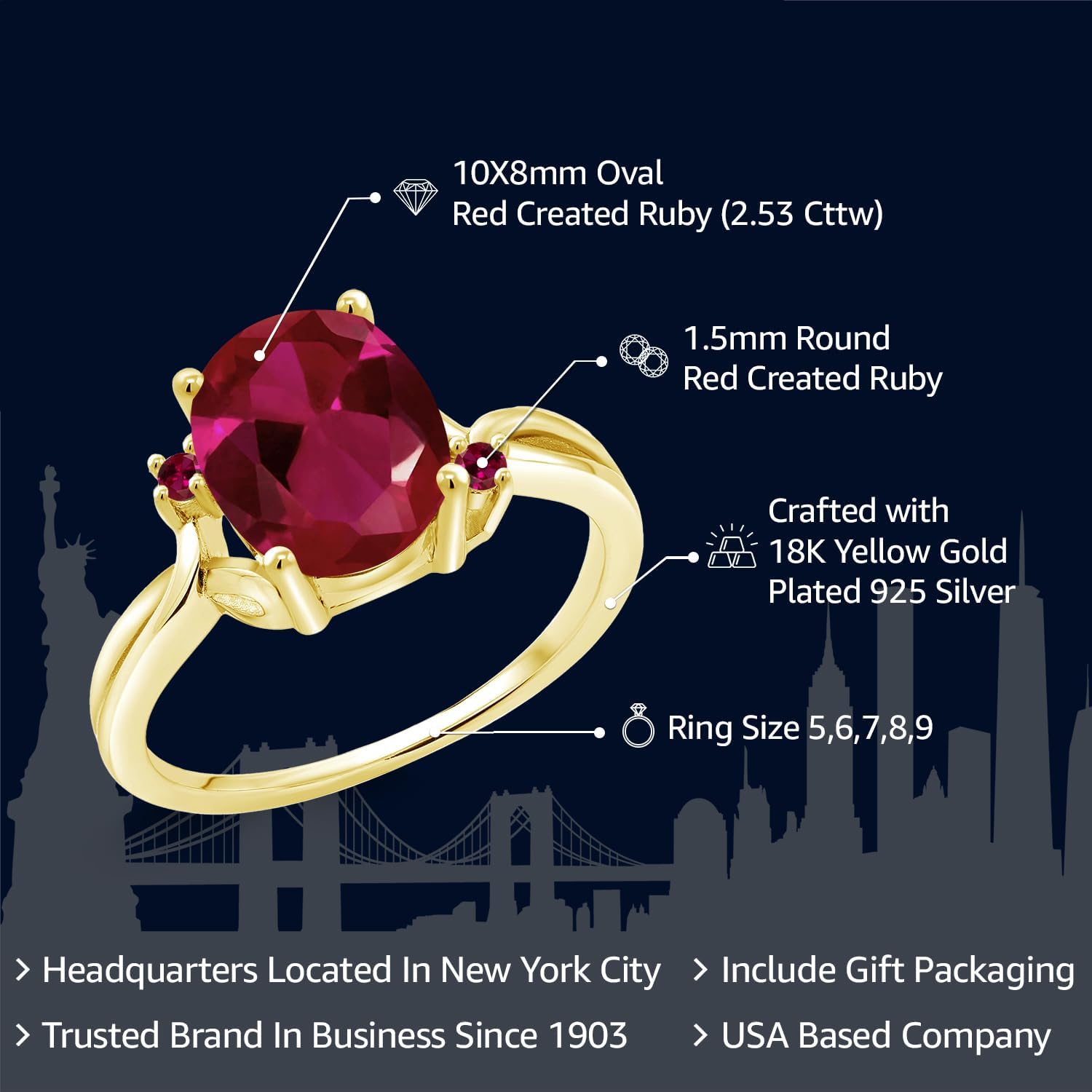 Gem Stone King 18K Yellow Gold Plated Silver Red Created Ruby 3 Stone Ring For Women | 2.53 Cttw | Oval 10X8MM | Gemstone July Birthstone | Wedding Engagement Anniversary Ring For Women