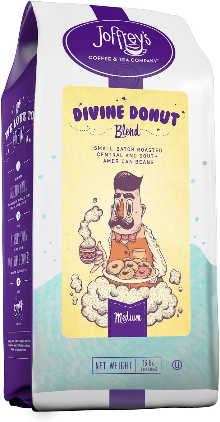 Joffrey's Coffee - Divine Donut Blend, Rich Coffee Blend, Artisan Medium Roast, Arabica Coffee Beans, Well-Balanced Blend, Smooth Flavor & Sweet Finish, Brew or French Press (Whole Bean, 16 oz)