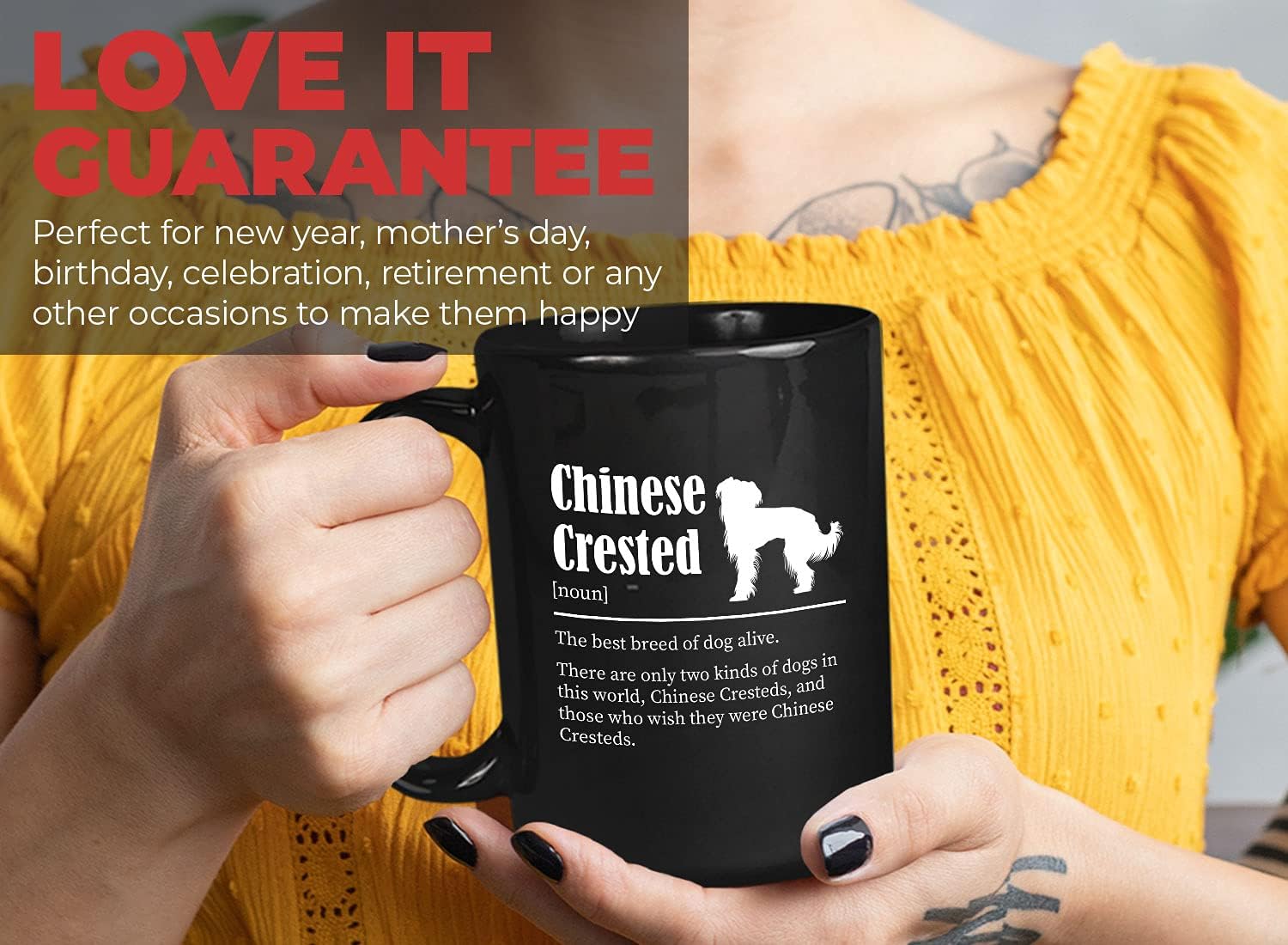 Bubble Hugs Dog Lover Coffee Mug 15oz Black - Chinese Crested - Dog Owner Pet Owner Animal Lover Dog Breed Definition Novelty Sweet Best Pet Poodle Bulldog Shepherd