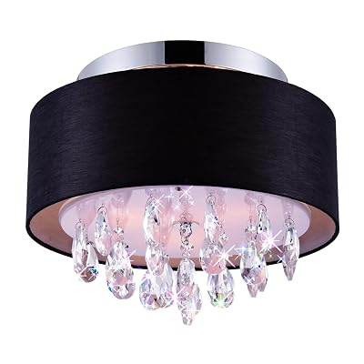 CWI Lighting Dash 14'' 3-Light Drum Shade Flush Mount with Chrome Finish and Black Fabric Shade – for Bedroom, Hallway, Entryway – Crystal Accents and Luxe Contemporary Style