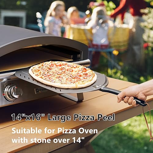 Miniatura 7 de Q Pizza Pala de pizza perforada de 14 pulgadas, antiadherente para torneado de pizza, accesorio para horno de pizza, espátula de metal extra grande