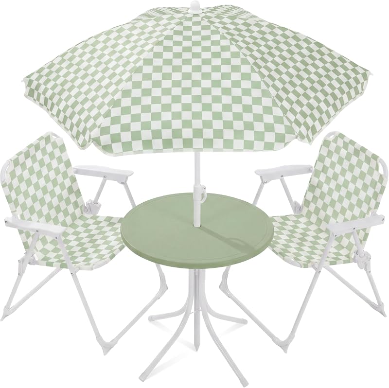 Juego de mesa y silla de picnic para niños con sombrilla, juego de mesa plegable para exteriores de 3 piezas para niños de 2 a 5 años, muebles de juego para patio, capacidad de silla de 70 lb, capacidad de mesa de 110 lb - Salvia