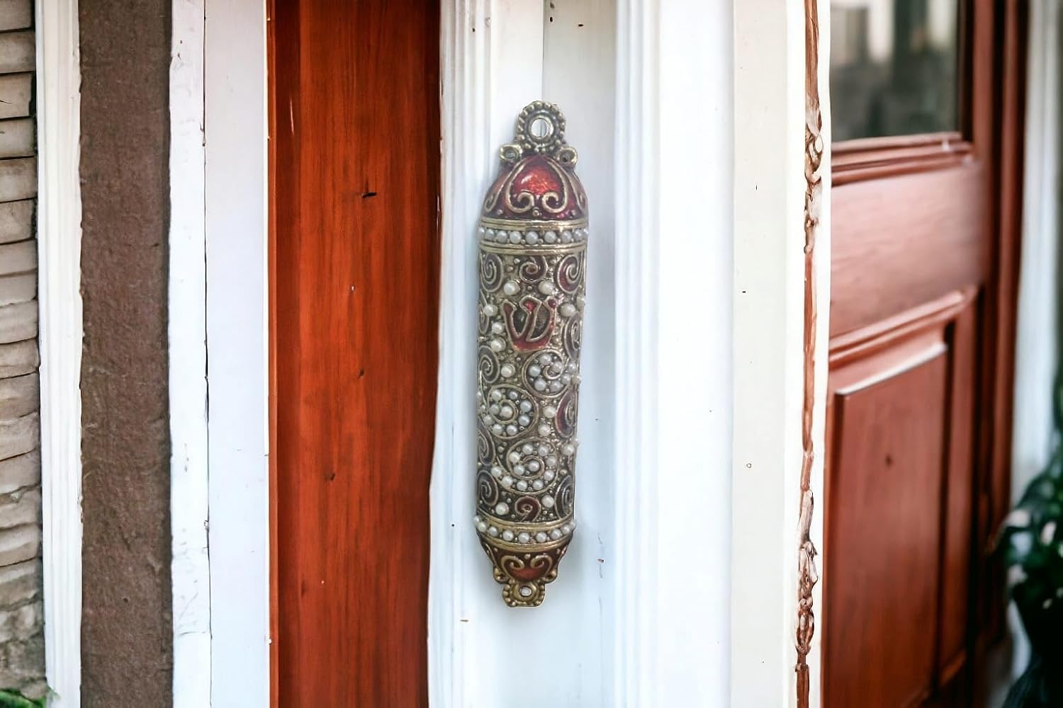 Yaliland Ornate Red & Silver Mezuzah with Kosher Klaf (7cm / 2.8 Inch) - Enamel Case for Door - Jewish Home Blessing & Protection (Red 1)