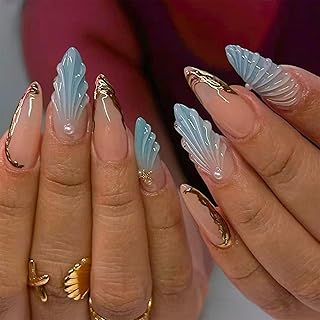 Almond Press on Nails Medium French Tip Fake Nails with Design Gold Line Pearl Glue on Nails 3D Water Ripple Acrylic Nails Blue Sea Shell Ombre False Nails Stick on Nails for Women Manicure 24Pcs