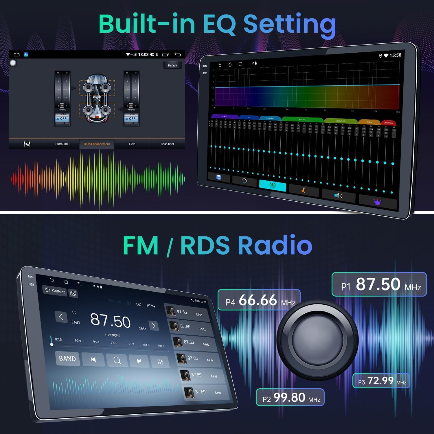 FM/RDS radio interface showing frequency tuning and equalizer settings.