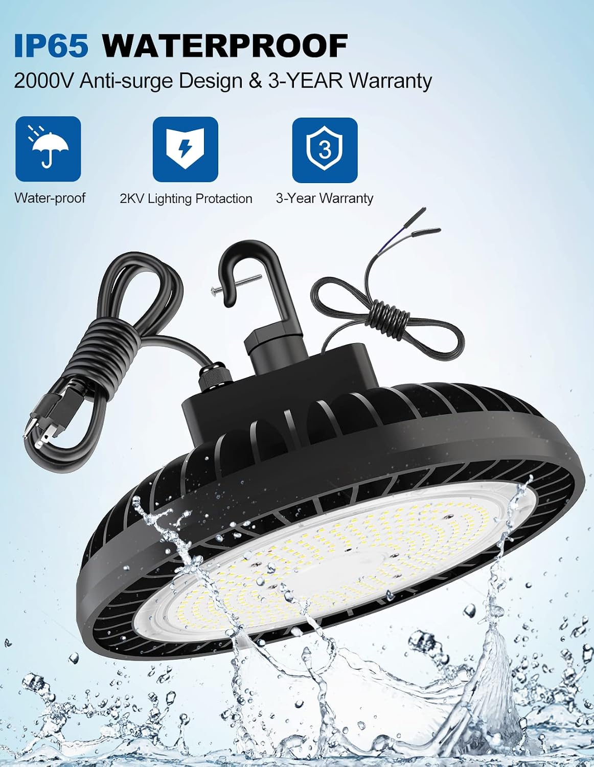 CINOTON 150W UFO LED High Bay Light with US Plug, 22500LM[600W HID/HPS Equiv.] IP65 Waterproof Commercial Bay Lighting for Warehouse Workshop Garage 100-277V Universal ETL Listed 5000K-Daylight 1 Pack