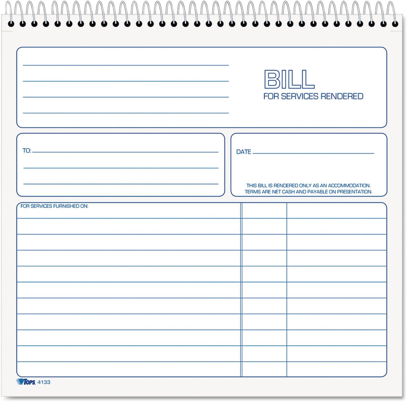 TOPS 2-Part Carbonless Bill for Services Rendered Book, 8.5 x 8.25 Inches, 50 Sheets, White, (4133)
