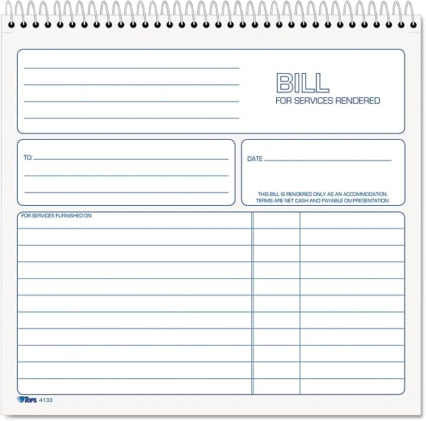 2-Part Carbonless Bill for Services Rendered Book, 22cm x 21cm, 50 Sheets, White, (4133)
