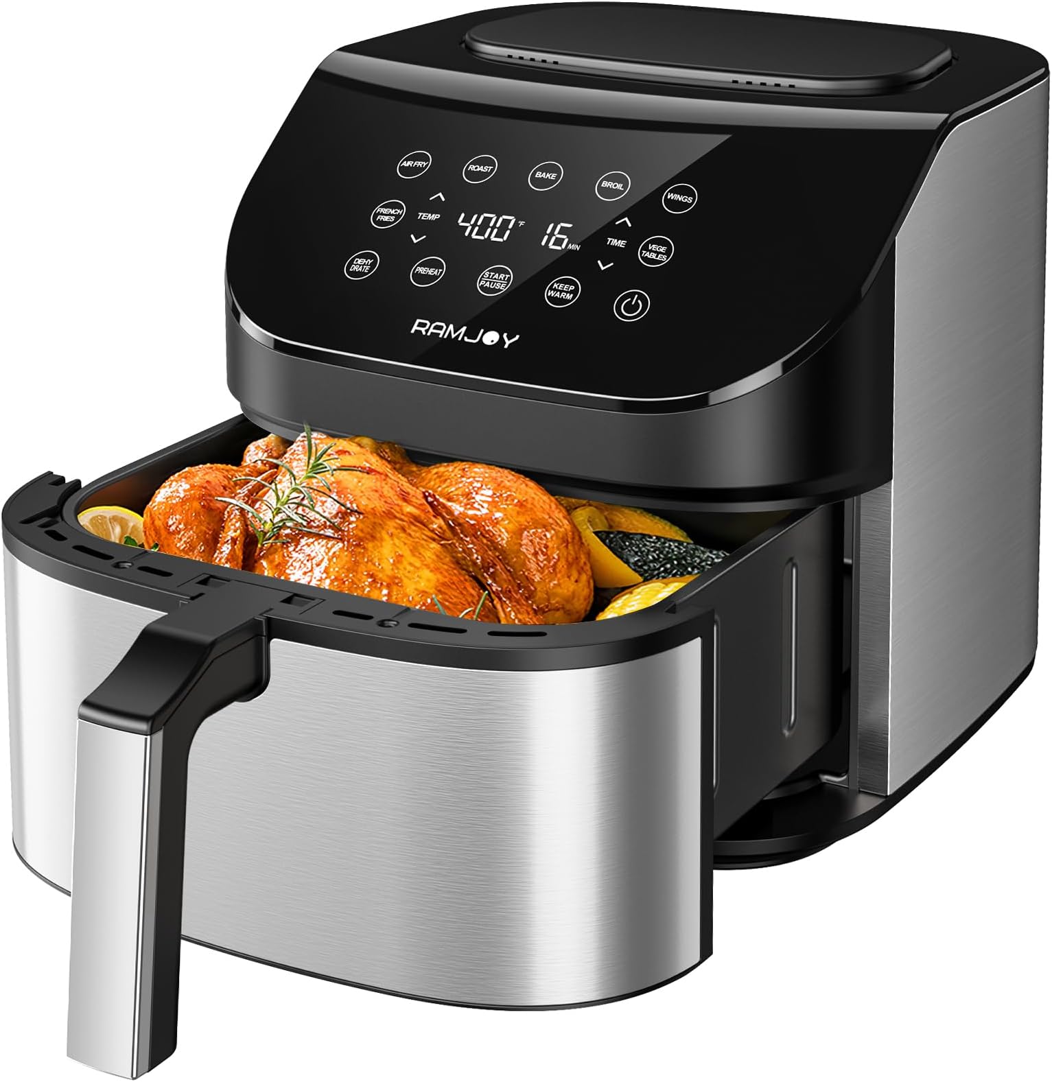 RAMJOY Air Fryer 6.8 Quarts, 10-in-1 Functions, Air Fry, Roast, Bake, Broil, Dehydrate, Large & Compact Air Fryers, Nonstick & Dishwasher-Safe Airfryer Basket, Stainless Steel Air Fryer, Easy to Use