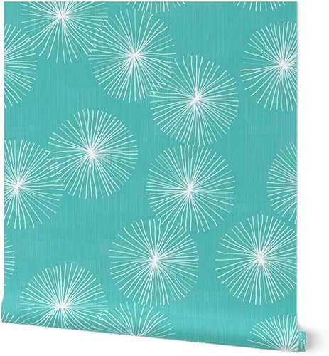 Spoonflower Removable Wallpaper 9ft x 2ft - Dandelions Aqua Mid Century Circle Round Minimalist Mod Geo White Teal Custom Pre-Pasted Wallpaper