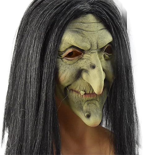 Miniatura 8 de TXGMNA Máscara de bruja de anciana, máscara de disfraz de Halloween con cabello y sombrero, espeluznante fiesta de miedo, accesorio de cosplay para