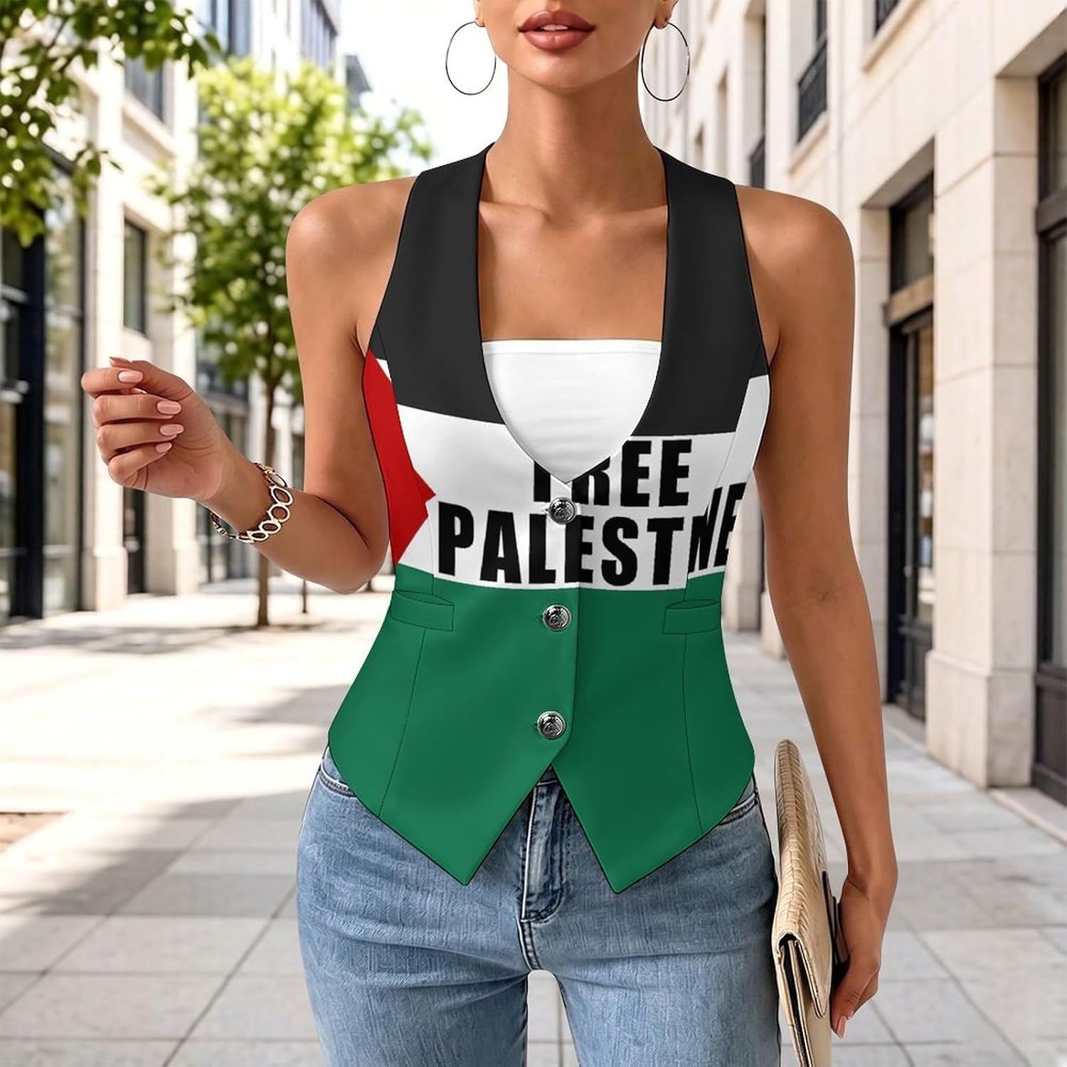 Free Palestine Palestinian Flag Women's Tuxedo Waistcoat Suit Vest | 3 Button V-Neck Slim Fit Casual Sleeveless Top