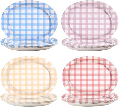 Grencian 48 Pcs Pastel Gingham Oval Paper Plates 10" x 12" Easter Colorful Checkered Large Disposable Plates Colored Plaid Platters for Wedding Picnic Camping One Silly Goose Birthday Party Supplies