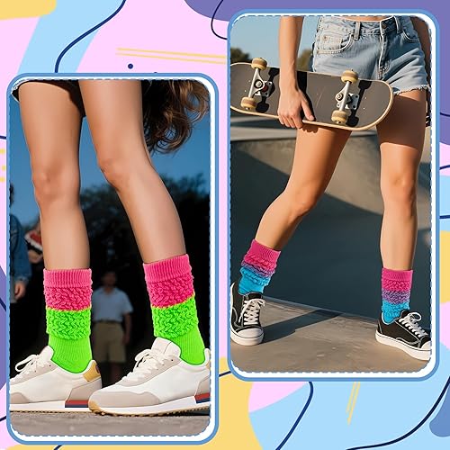 Miniatura 5 de Calcetines holgados de neón, trajes de los años 80 y 90 para mujer, suaves y extra largos, calentadores de pierna alta, perfectos para fiestas