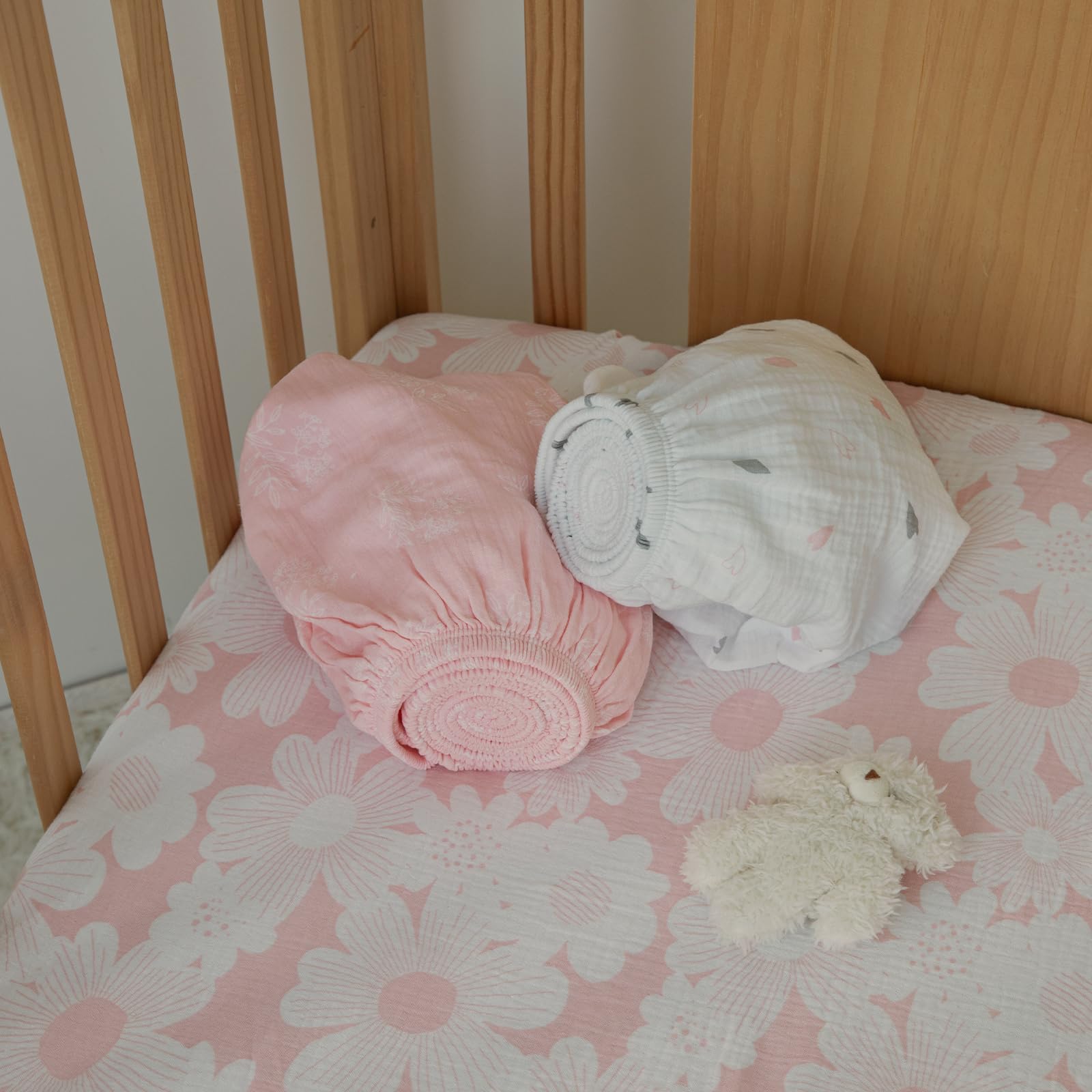 Gllquen Baby Confezione da 3 lenzuola in mussola per mini culla, traspiranti, con angoli, in cotone morbido e accogliente, per neonati e ragazze, con angoli universali, per mini culla, 96,5 x 66 cm