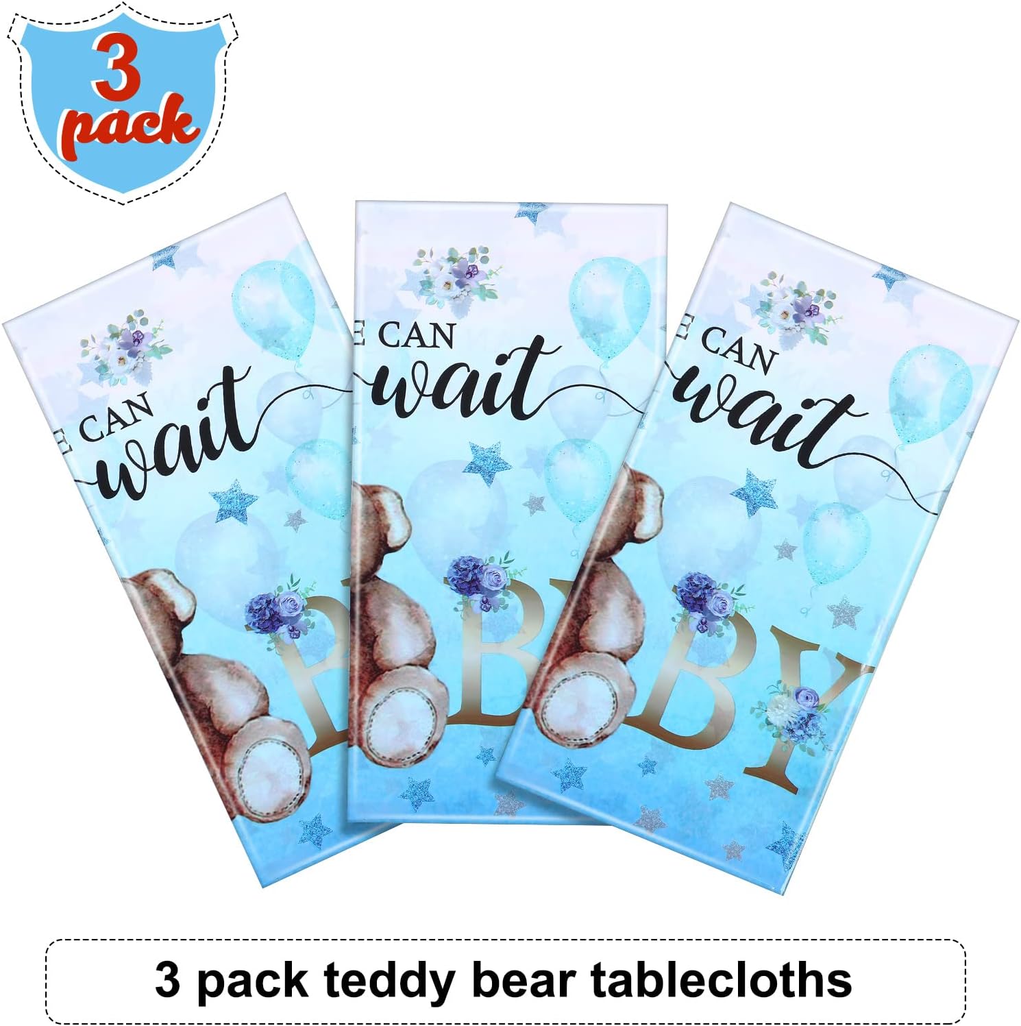 Tegeme 3 Pack Bear Baby Shower Tablecloth Plastic Bear Table Cover We Can Bearly Wait Tablecloth for Kids Birthday Party and Gender Reveal Decorations, 54 x 108 Inch (Blue)