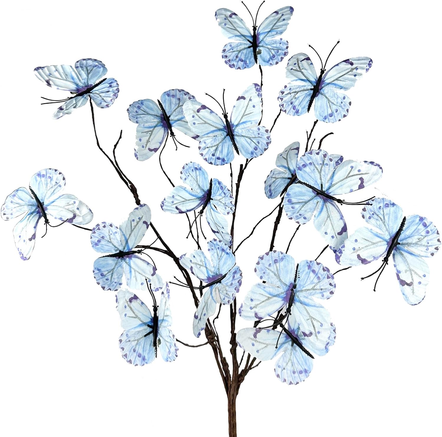 Artificial Butterfly Decorations, Blue Butterfly Flower Branches 3D Butterfly Stakes Floral Arrangements for Wedding Home Office Party Decoration (Pack of 3)