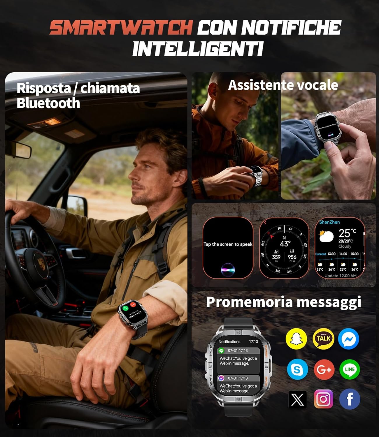 A person driving, answering a call on the LIGE DM6 smartwatch, and various notification icons from social media apps.