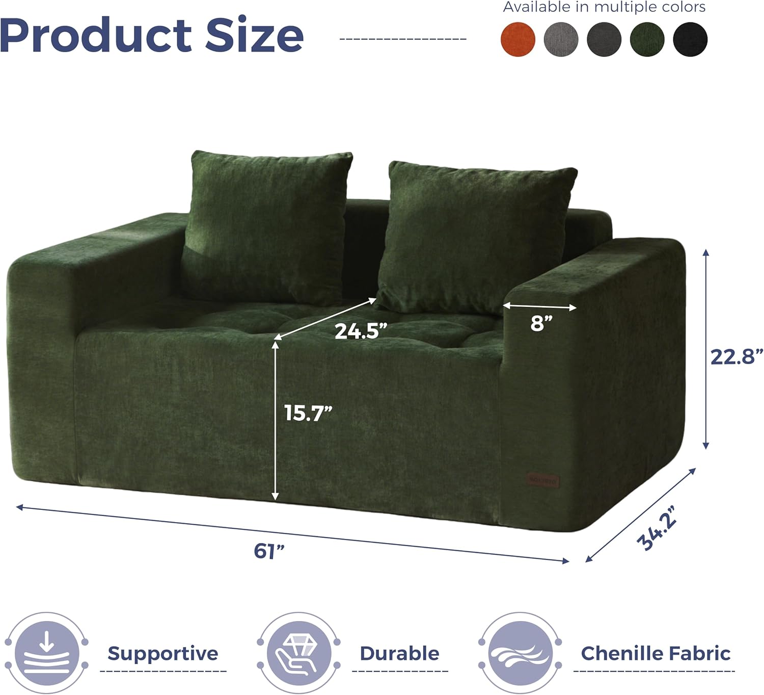 MAXYOYO Modular Sofa Couch, 61" Loveseat Boneless Cloud Couch with Deep Seat, Chenille Upholstered Living Room Sleeper Sofa Chair for Living Room, No Assembly Required, Dark Green
