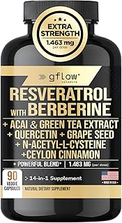 Resveratrol Supplement with Berberine Green Tea Extract, Ceylon Cinnamon, Grape Seed & Quercetin1000mg Quercetin, N Acetyl cysteine, Acai | 100% Natural, Max Strength | Made in USA