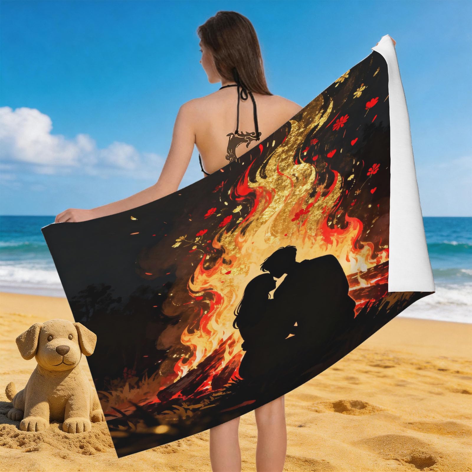 Leichong 3D Couple Silhouette Beach Towel Microfiber Soft Quick Dry for Adults, Chic Flame Bath Towel Lightweight Soft Absorbent for Travel Swimming Pool Sports, 75 x 150 cm