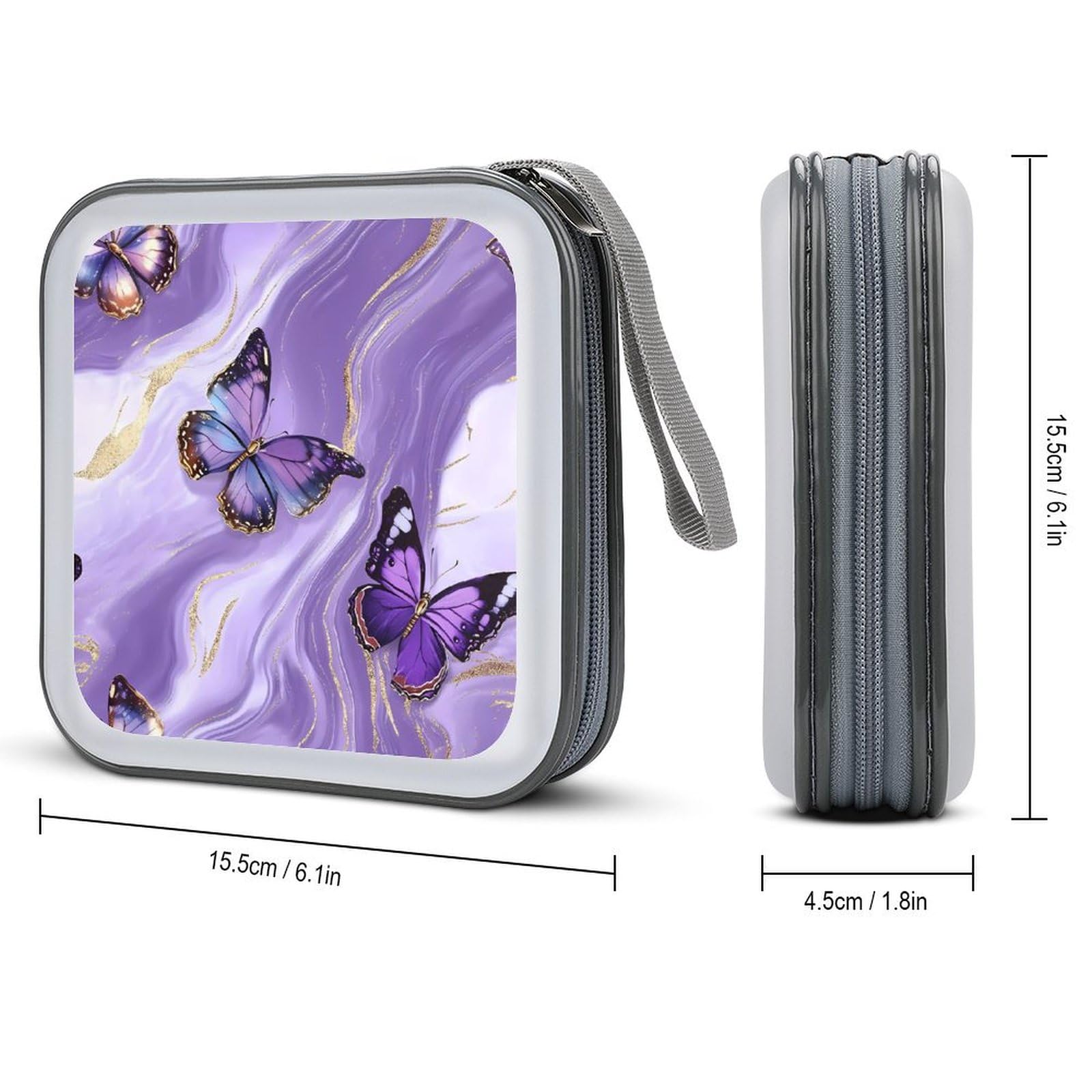 Purple Marble Butterfly CD Case Portable DVD Holder Storage Organizer for Home Travel