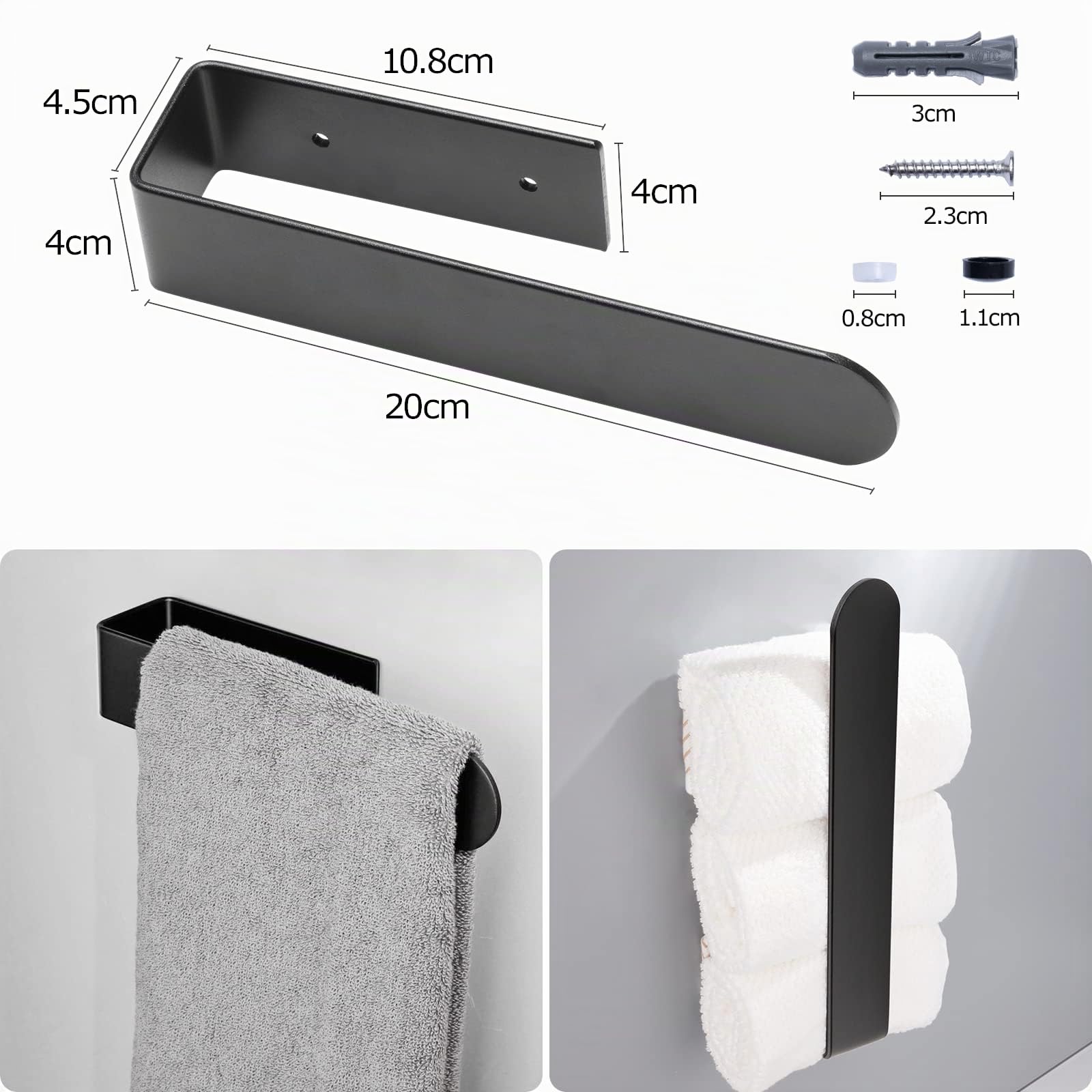 BillyBath Portasciugamani Bagno Nero senza foratura, strofinacci, porta asciugamani ospiti, porta asciugamani da bagno, supporto autoadesivo per cucina e bagno (20 cm)