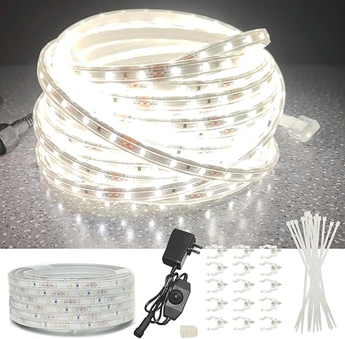 Tira de luces LED para exteriores de 32.8 pies, impermeable, 600 LED, 12 V, cuerda flexible, color blanco, regulable para dormitorio, cocina, Navidad