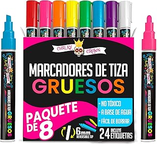Chalky Crown Marcadores de vidro apagável, ponta reversível, giz líquido, marcadores de vidro apagáveis, para ardósias, pôsteres, janelas, vidro, conjunto de 8 unidades, multicoloridos, 6 mm