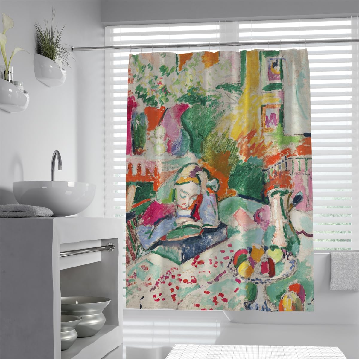 UIRINGART Henri Matisse Shower Curtains W180xL180cm Fauvism Art Girl Reading Book Fruit Garden Scene Print Easy To Clean Fabric for Bathroom Wet Room Tub with Curtain Hooks