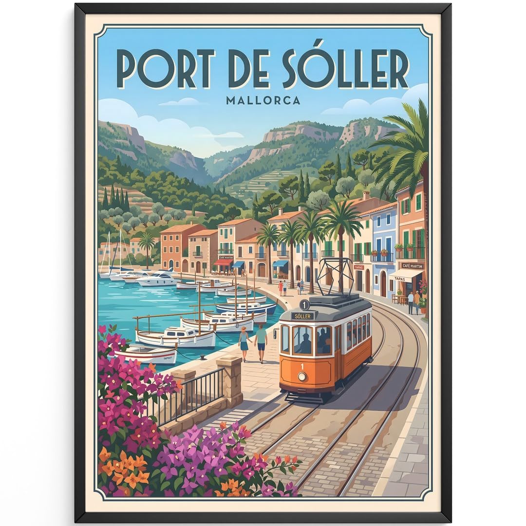 MJ-GRAPHICS® Wandbild Hafen Tram Poster Port Soller Kunstdruck mediterran Bilder Landschaft Deko Sommer Stadtbild Palmen Wanddeko Wohnzimmer Retro Vintage 50x70 mit weißem Rahmen