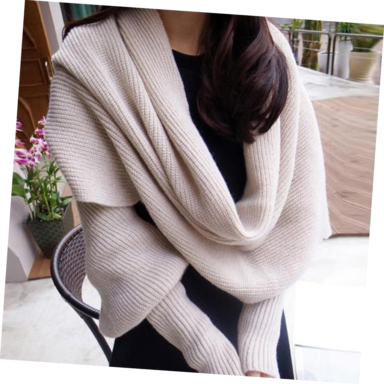 2piezas Bufanda De Punto Unisex Con Mangas Color Beige Diseño y Elástico Para Invierno y Ocasiones Especiales Mantén Tu Cuello y Brazos Abrigados