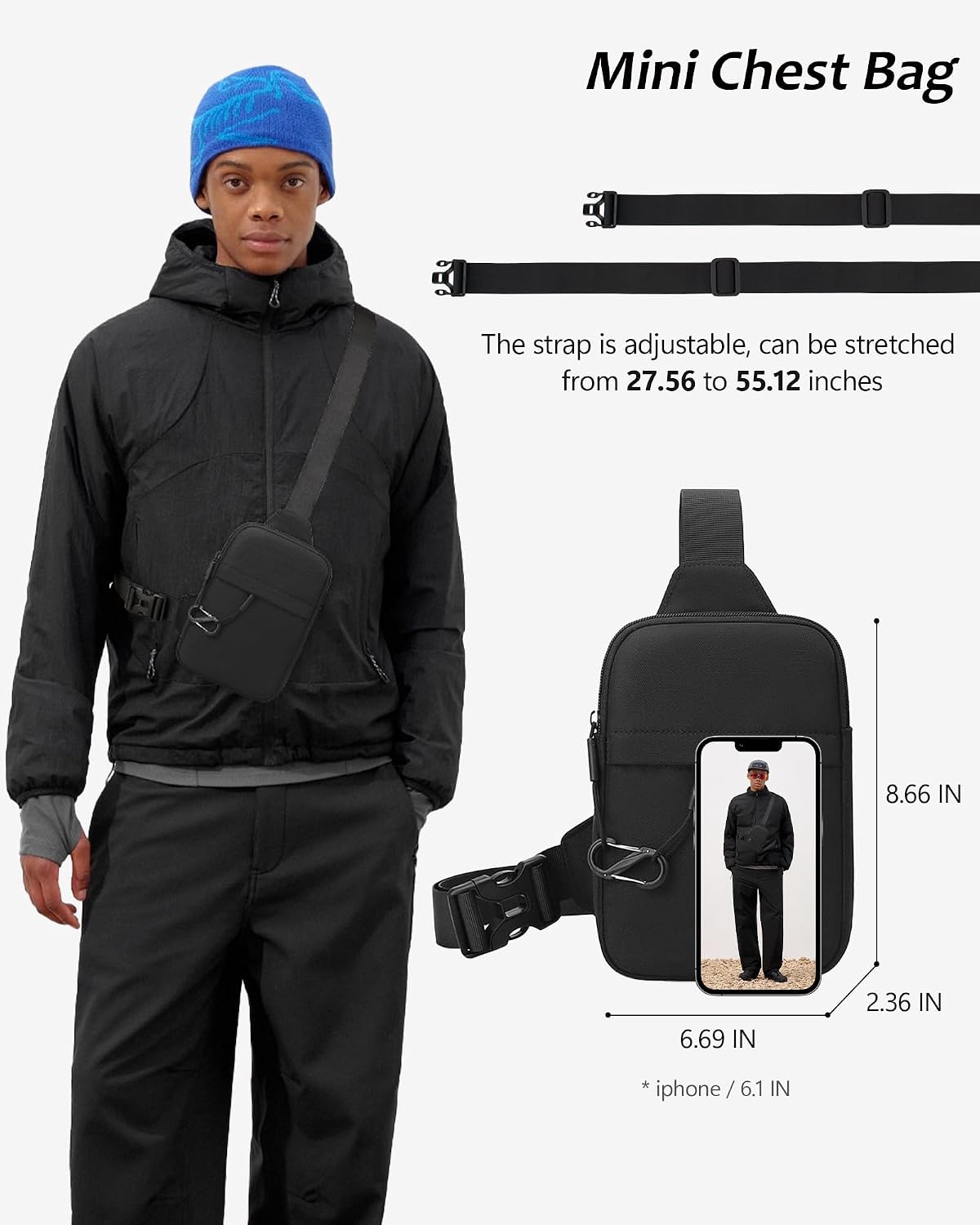 Peicees Small Anti-theft Sling Bag for Men Women Waterproof Mini Crossbody Backpack Chest Bag Travel Passport Phone Holder, Black