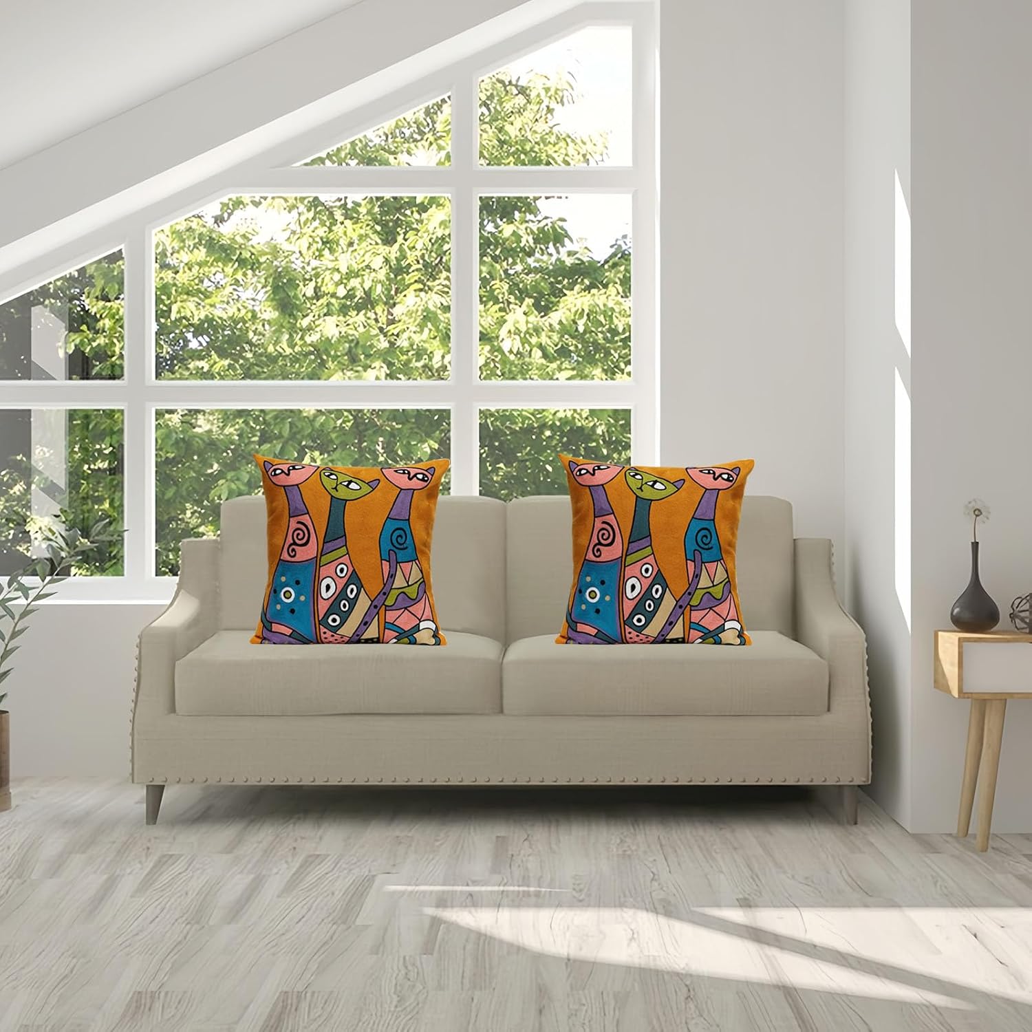 Pack of 2 Decorative Square Pillowcase Abstract Art Embroidered Throw Pillows Cover for Couch Farmhouse Patio Garden Sofa Chairs 18x18 Inch (Yellow Long Neck Cat)